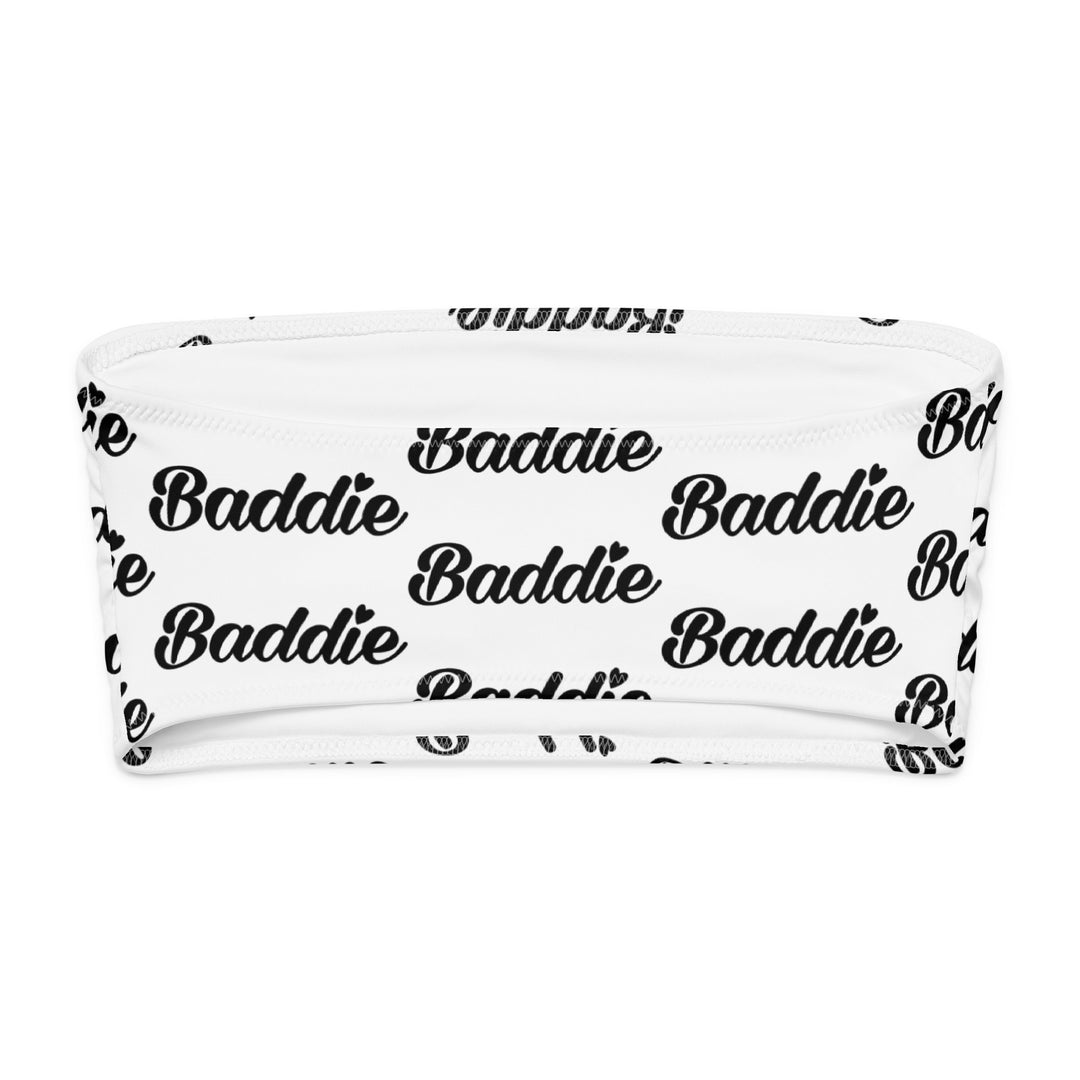 White Bandeau Swim Top, Black Baddie Print, back view