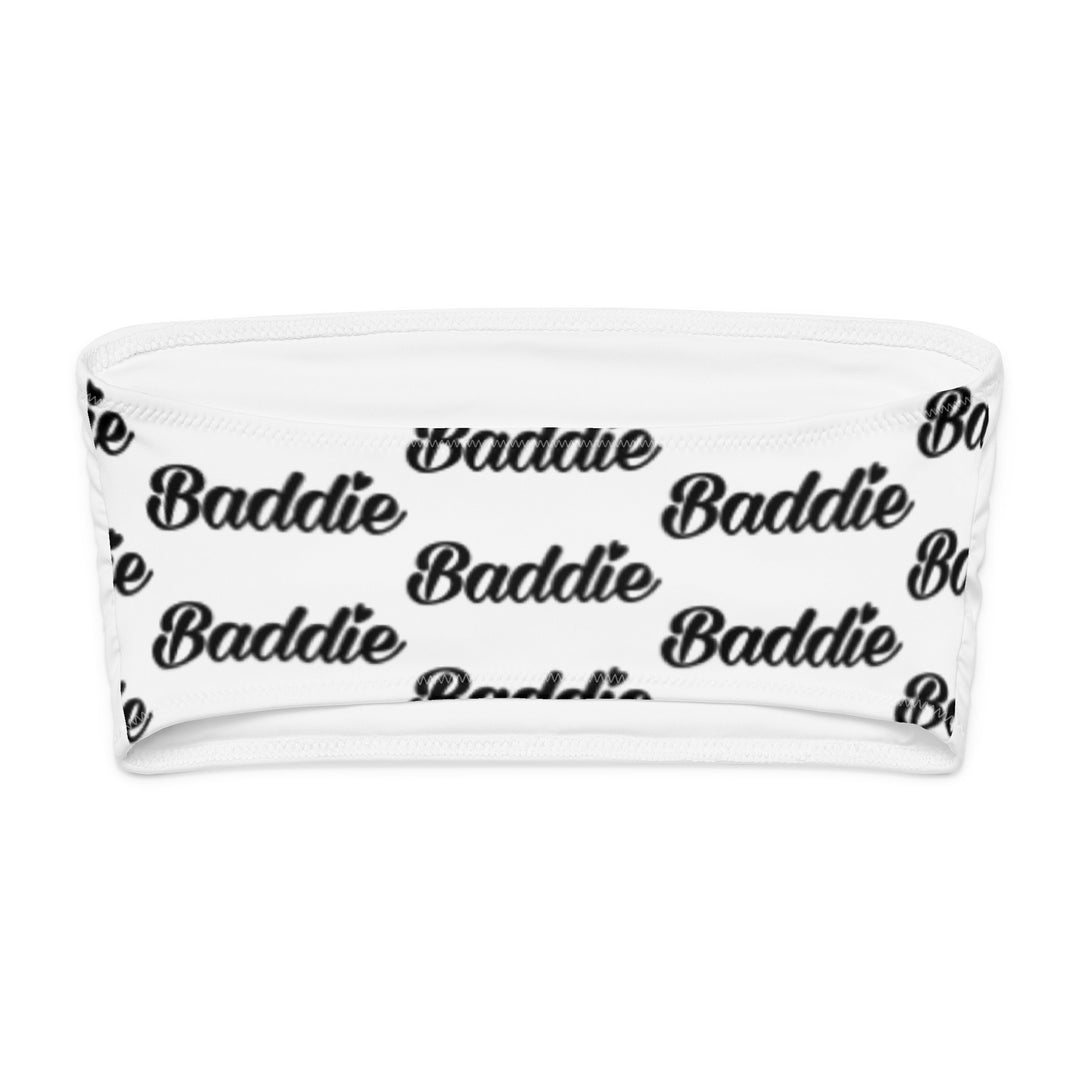 White Bandeau Bikini Top, Black Baddie Logo, back view