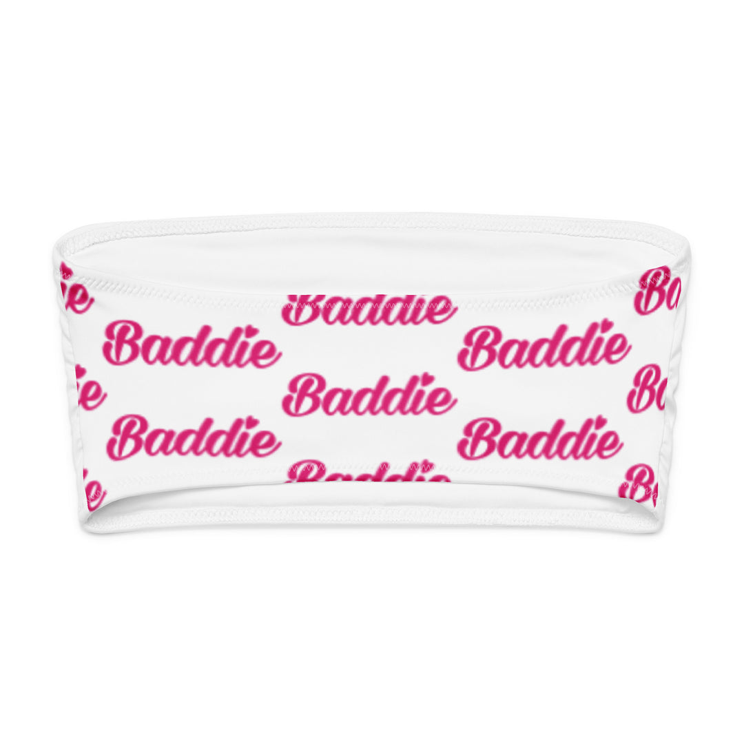 White Bandeau Bikini Top, Pink Baddie Logo, back view