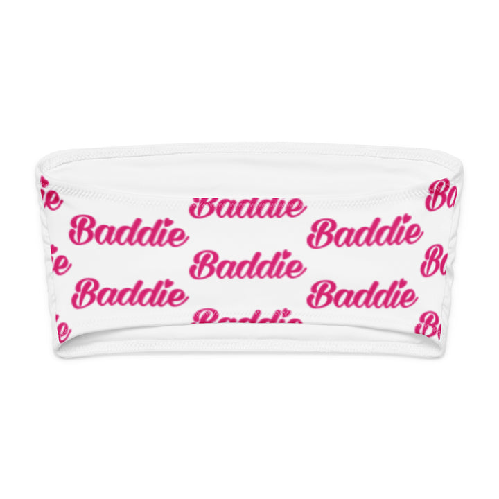 White Bandeau Bikini Top, Pink Baddie Logo, back view