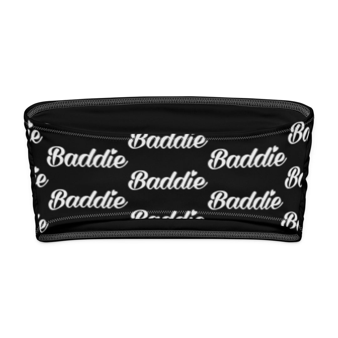 Black Bandeau Bikini Top, White Baddie Logo, back view