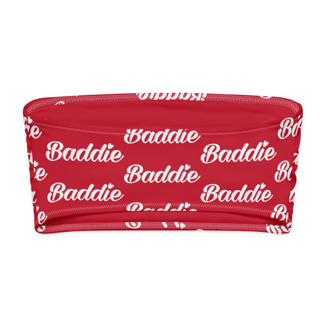 Red Bandeau Swim Top, White Baddie Print, back view