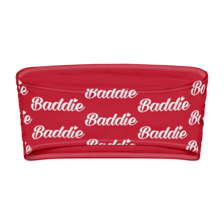 Red Bandeau Bikini Top, White Baddie Logo, back view