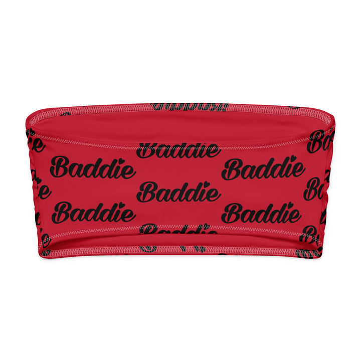 Red Bandeau Swim Top, Black Baddie Print, back view