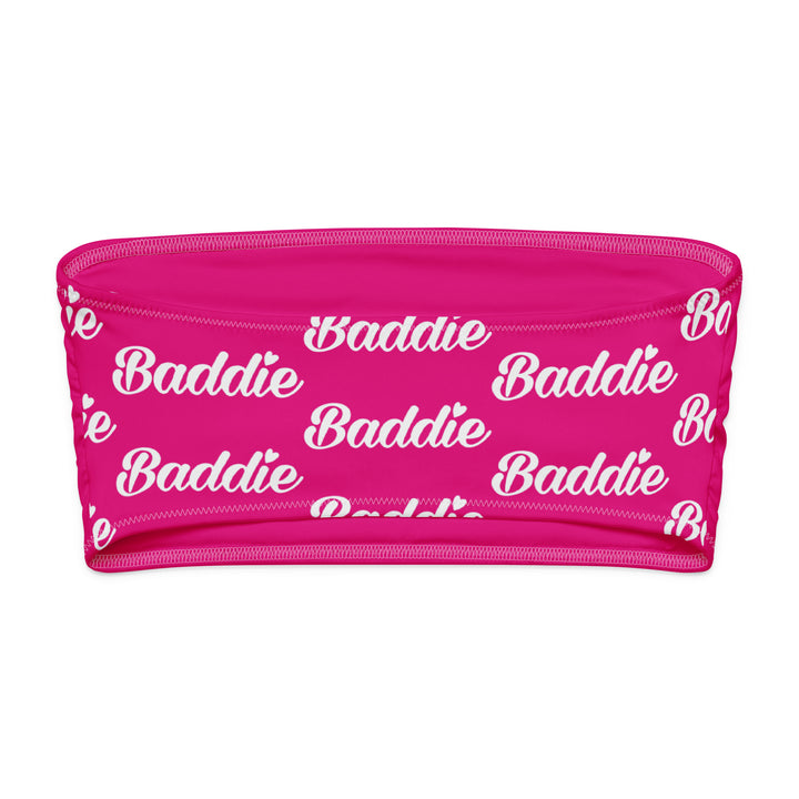 Pink Bandeau Bikini Top, White Baddie Logo, back view