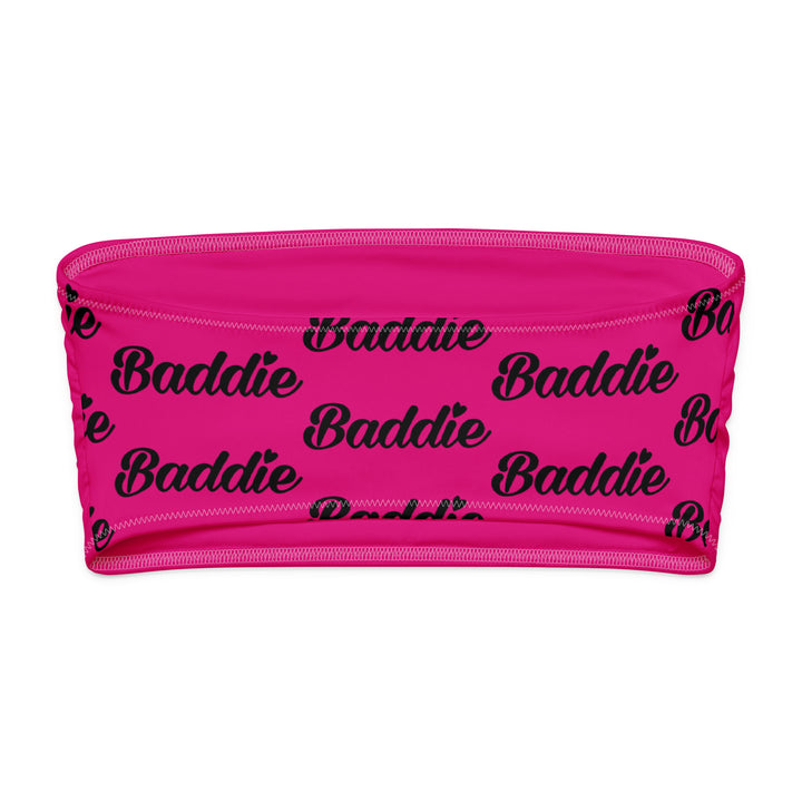 Pink Bandeau Bikini Top, Black Baddie Logo, back view