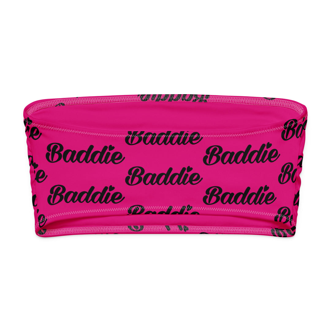 Pink Bandeau Swim Top, Black Baddie Print, back view