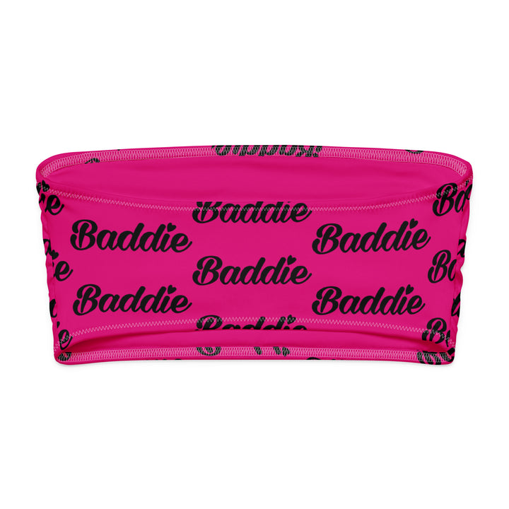 Pink Bandeau Swim Top, Black Baddie Print, back view
