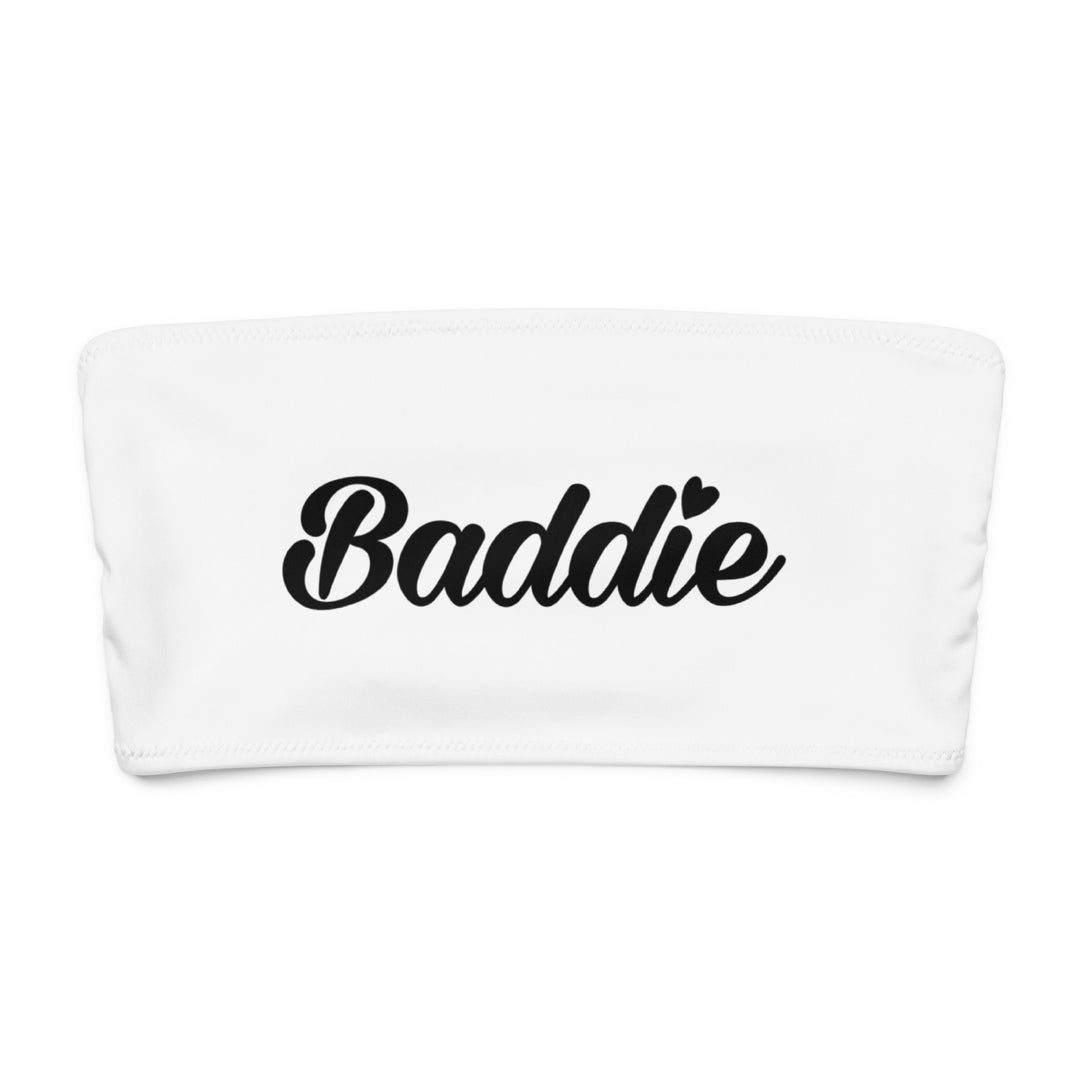 White Bandeau Bikini Top, Black Baddie Logo, front view