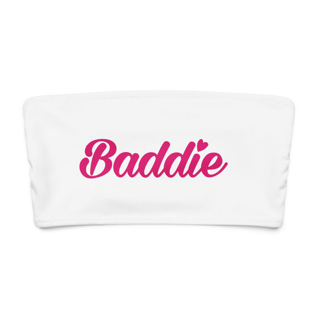 White Bandeau Bikini Top, Pink Baddie Logo, front view