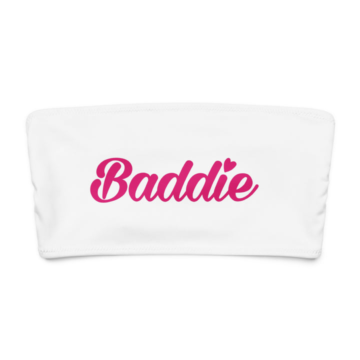 White Bandeau Bikini Top, Pink Baddie Logo, front view