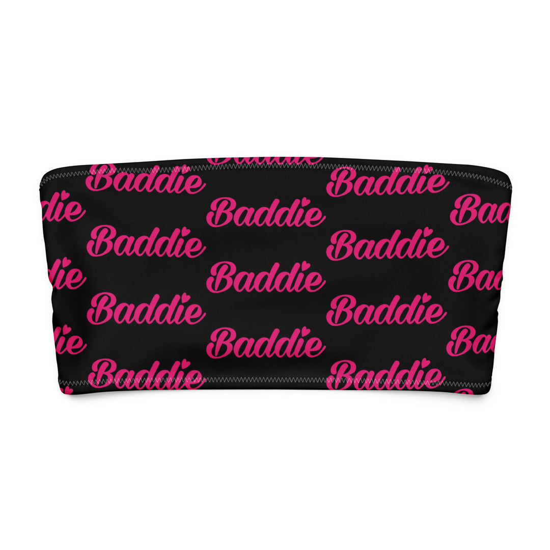 Black Bandeau Swim Top, Pink Baddie Print, front view