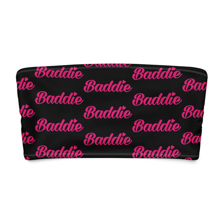 Black Bandeau Swim Top, Pink Baddie Print, front view