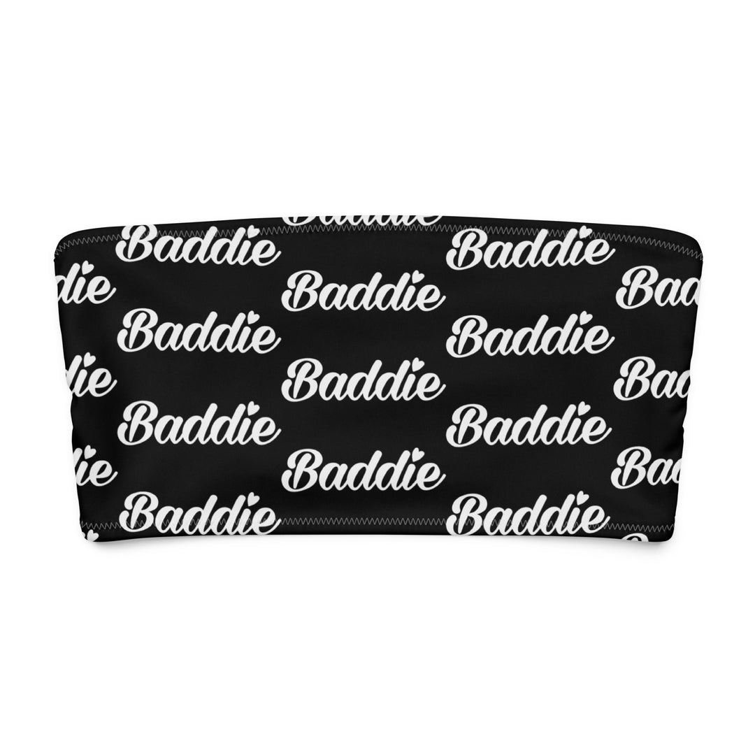 Black Bandeau Swim Top, White Baddie Print, front view