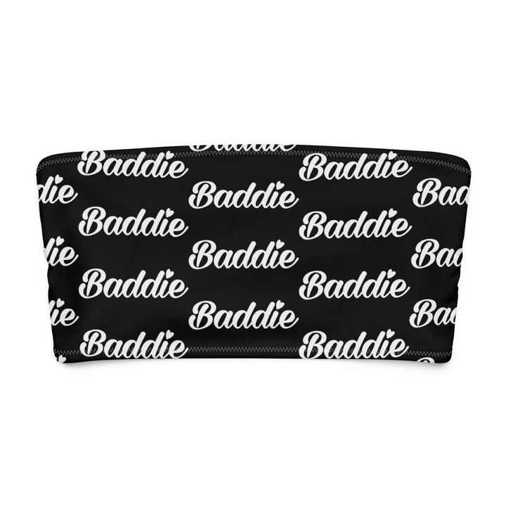Black Bandeau Swim Top, White Baddie Print, front view