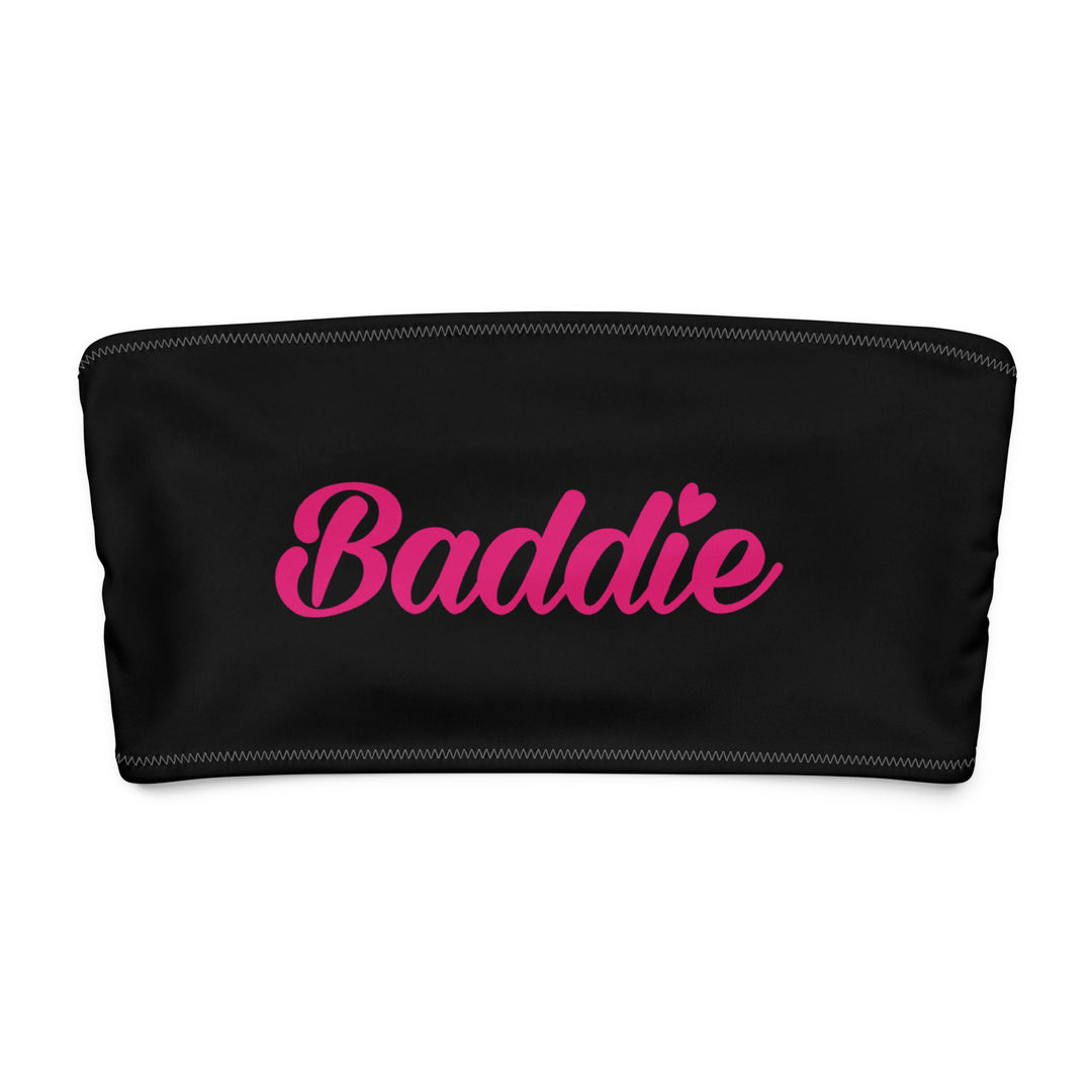 Black Bandeau Bikini Top, Pink Baddie Logo, front view