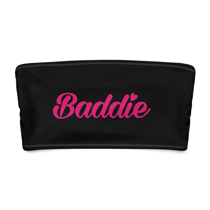 Black Bandeau Bikini Top, Pink Baddie Logo, front view