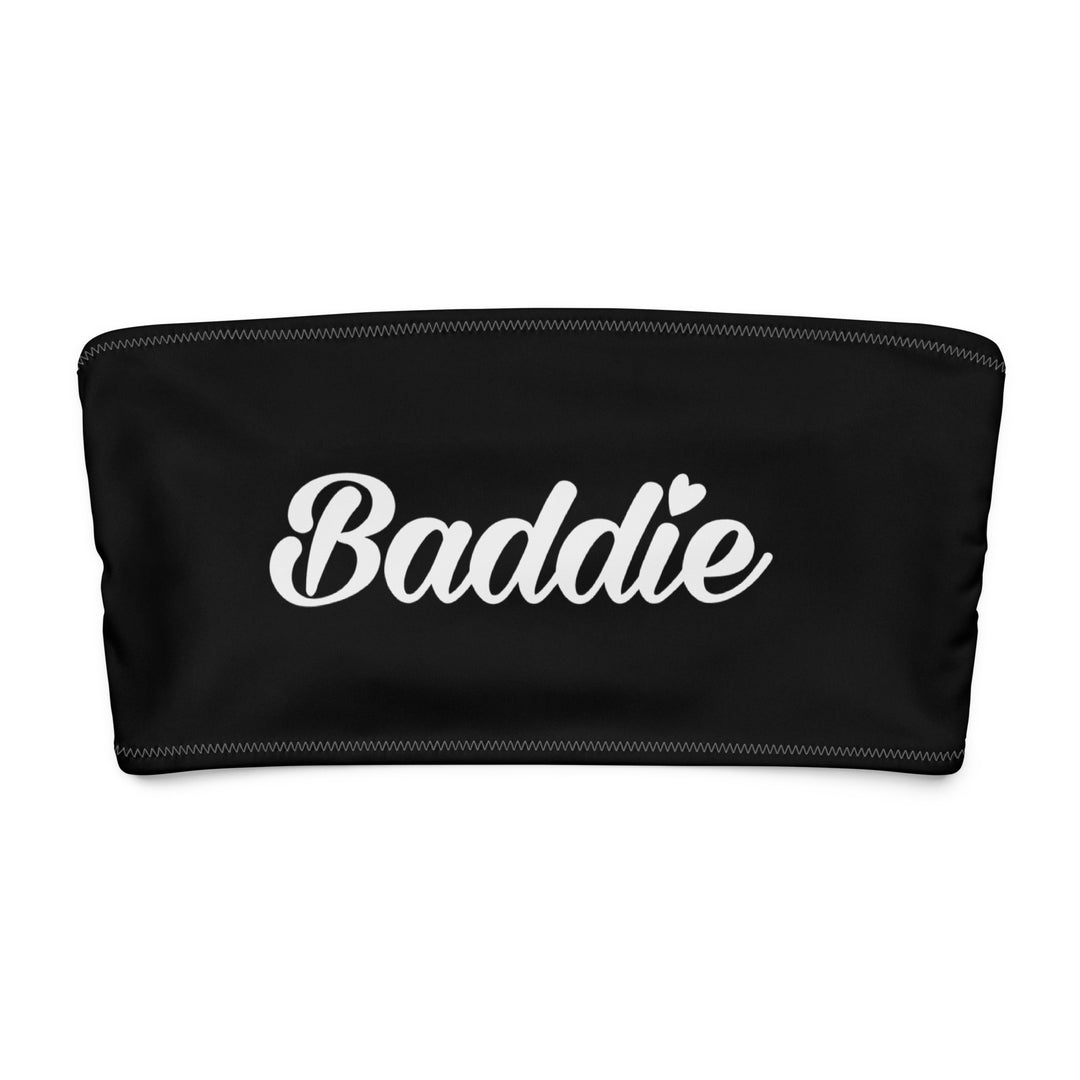 Black Bandeau Bikini Top, White Baddie Logo, front view