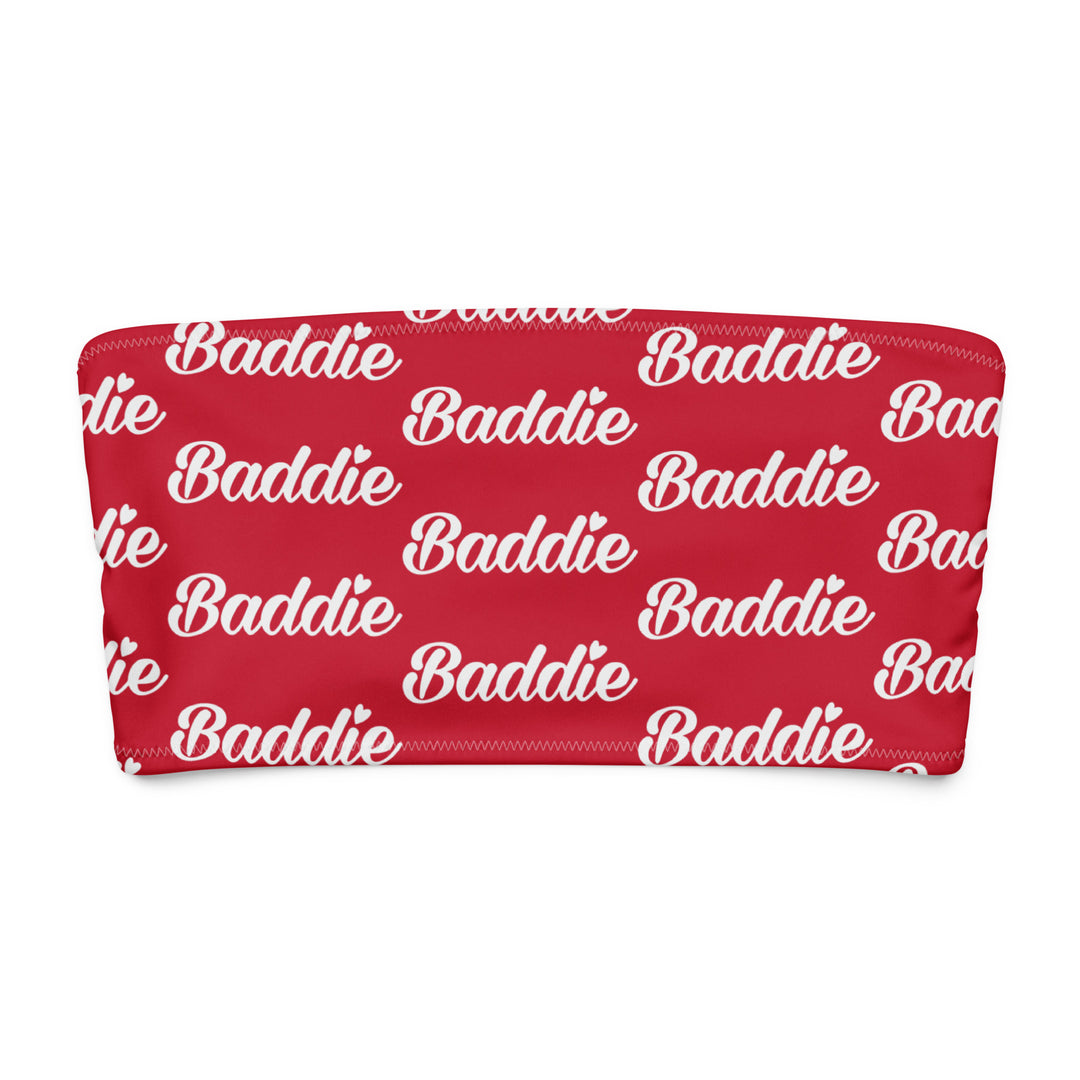 Red Bandeau Swim Top, White Baddie Print, front view