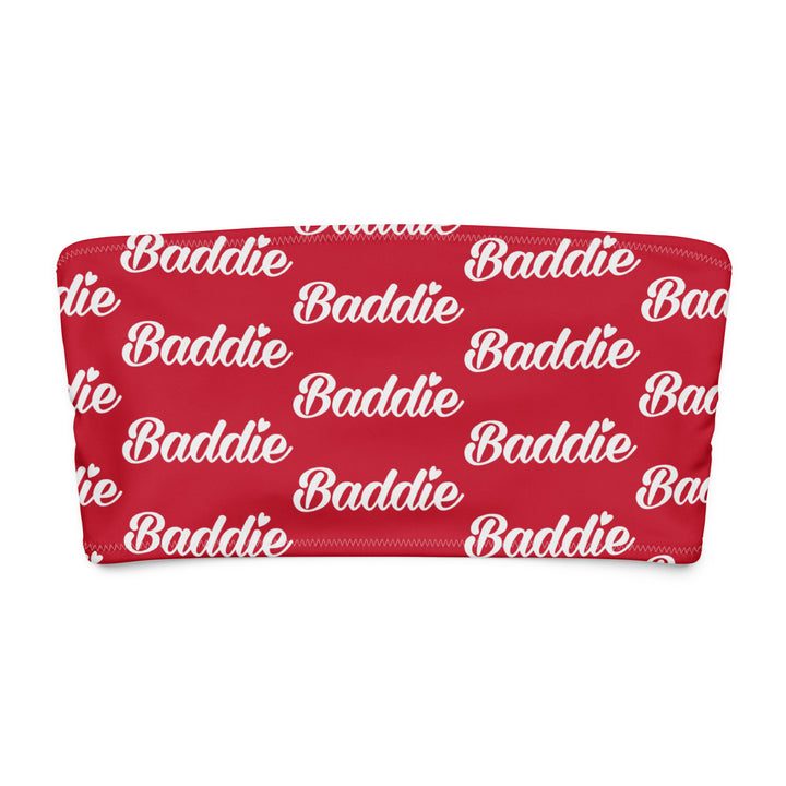 Red Bandeau Swim Top, White Baddie Print, front view