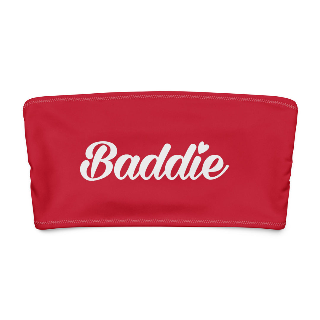 Red Bandeau Bikini Top, White Baddie Logo, front view