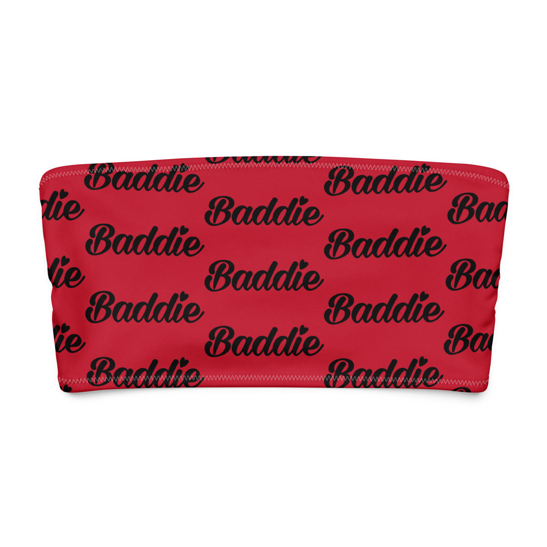 Red Bandeau Swim Top, Black Baddie Print, front view