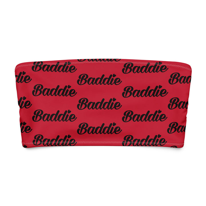 Red Bandeau Swim Top, Black Baddie Print, front view