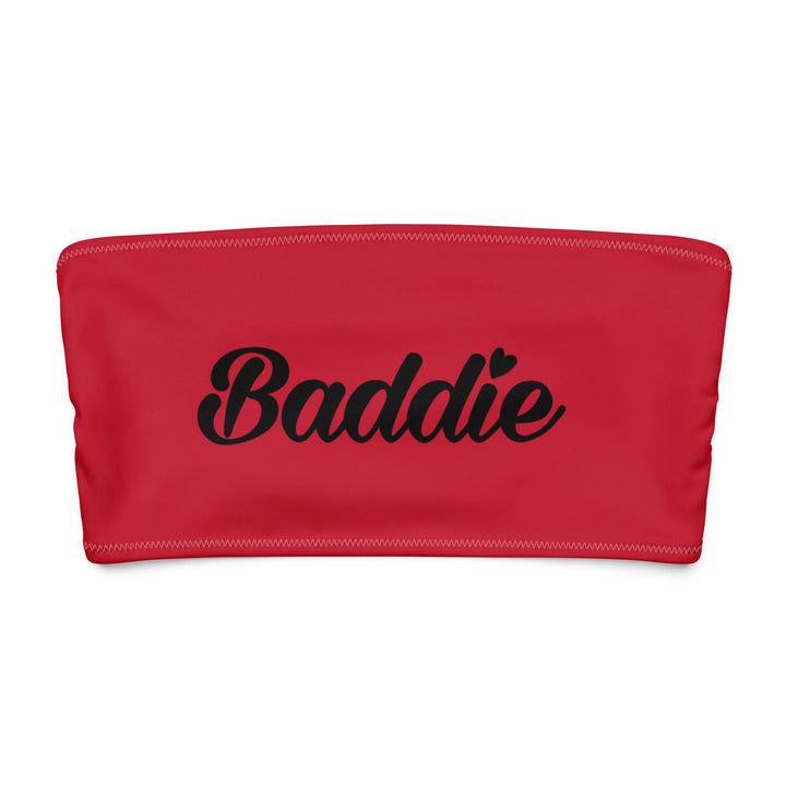 Red Bandeau Bikini Top, Black Baddie Logo, front view