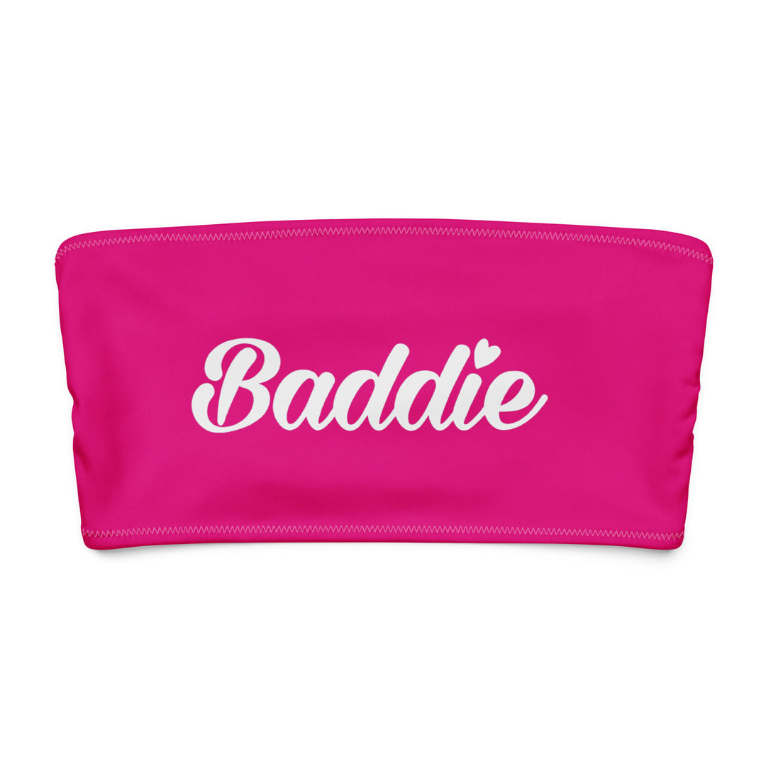 Pink Bandeau Bikini Top, White Baddie Logo, front view