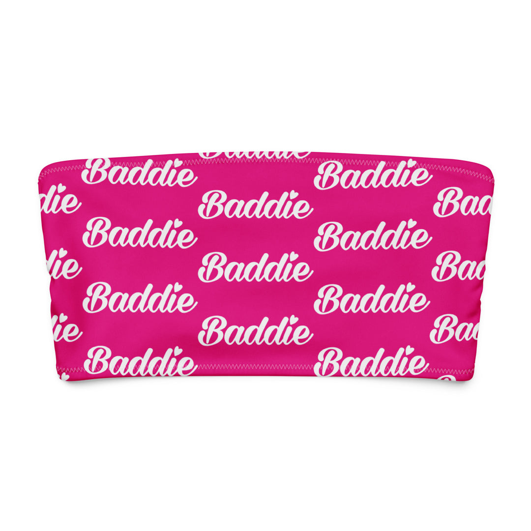 Pink Bandeau Swim Top, White Baddie Print, front view