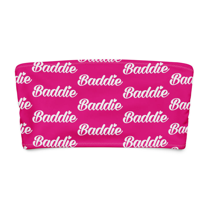 Pink Bandeau Swim Top, White Baddie Print, front view