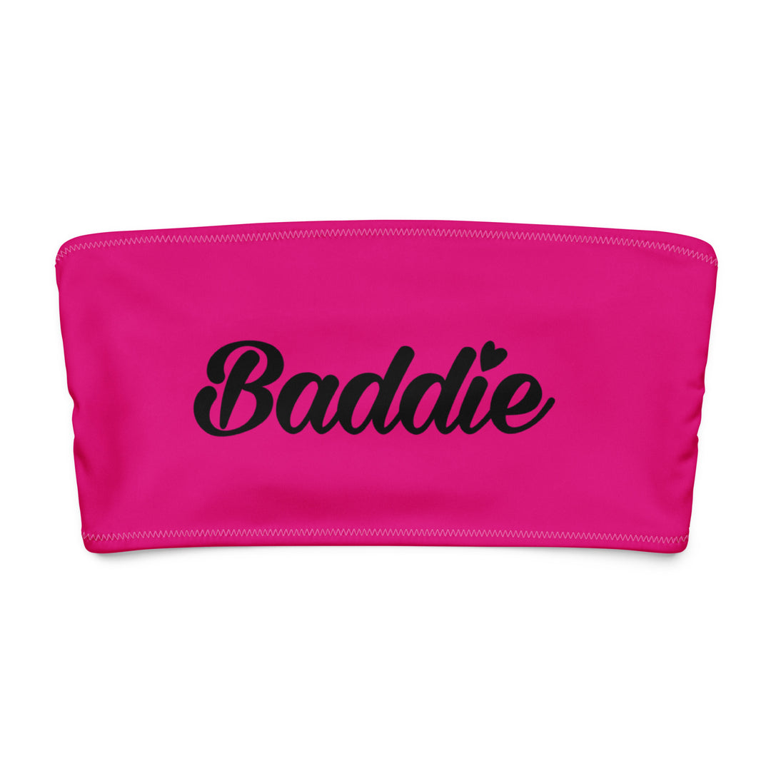 Pink Bandeau Bikini Top, Black Baddie Logo, front view