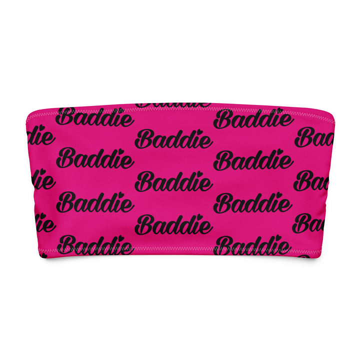 Pink Bandeau Swim Top, Black Baddie Print, front view