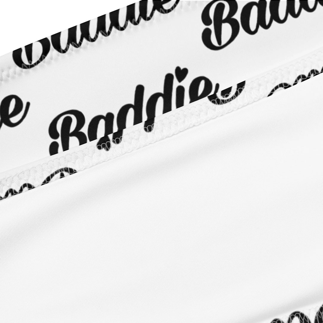 White Bandeau Swim Top, Black Baddie Print, product detail view