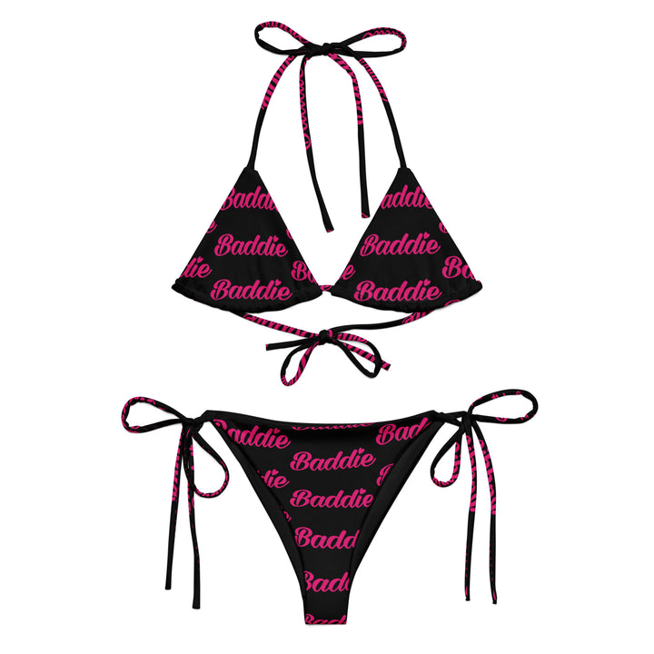 Black String Bikini with Pink Logo – Women’s Baddie Swimwear Set