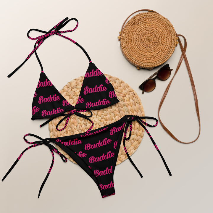 Black String Bikini with Pink Logo – Women’s Baddie Swimwear Set