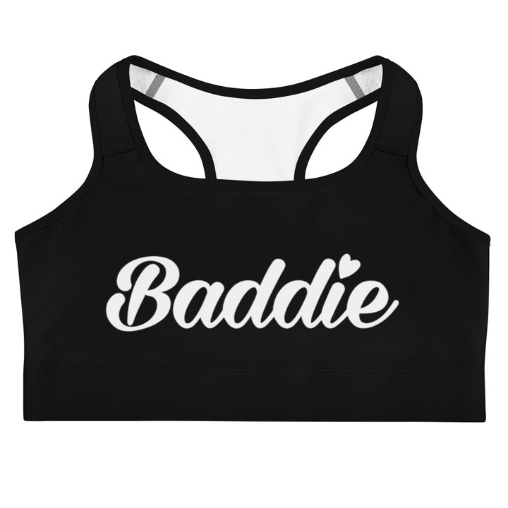 Black Sports bra Baddie (White Print)