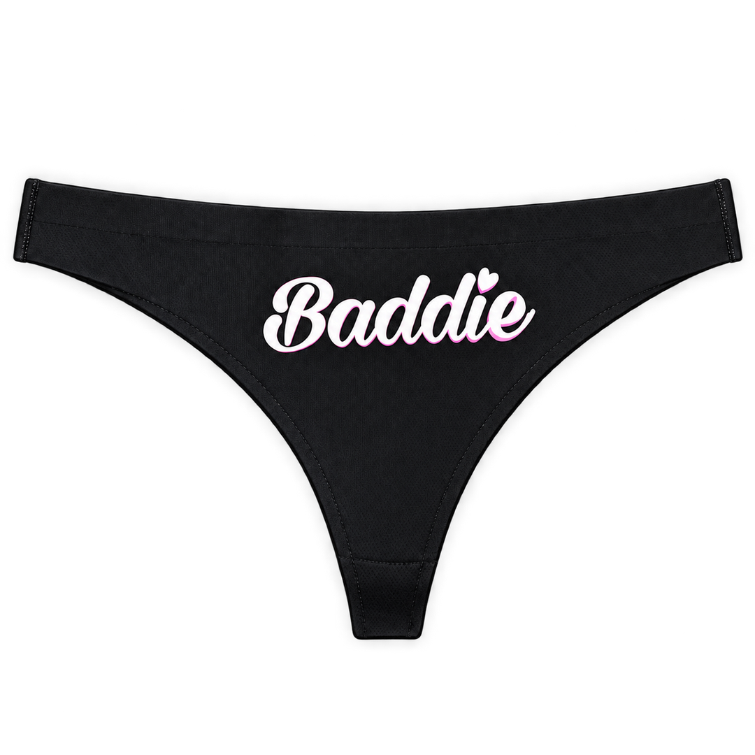 Baddie Logo Black Thong – White Print